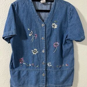 Vintage Denim Floral Embroidered Button-Up Top